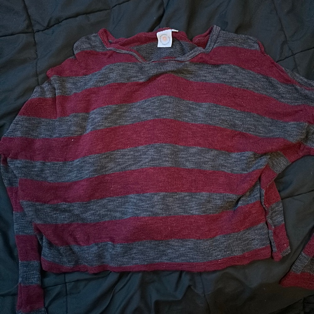 live in the moment cropped marroon and grey striped THIN sweater
